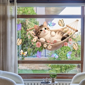 Cartoon kitten in floral hammock window decal with colorful realistic butterflies