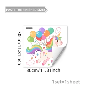 Luminous unicorn wall sticker with rainbow mane and colorful balloons for room decor