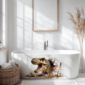 Détail d'un sticker mural 3D dinosaure avec motif T-Rex sur le côté d'une baignoire