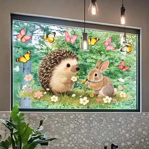 Detail of cartoon hedgehog and rabbit static window stickers with colorful butterflies