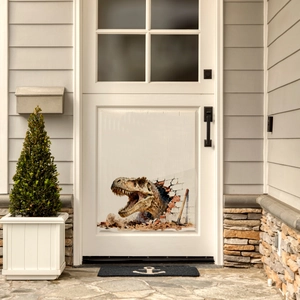 Sticker mural 3D dinosaure T-Rex traversant un mur de briques sur une porte blanche