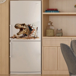 Effet visuel 3D détaillé d'un dinosaure T-Rex traversant un sticker mural en briques
