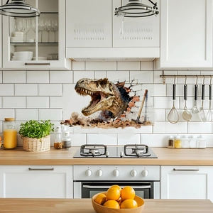 Sticker mural 3D T-Rex traversant une crédence de cuisine moderne avec texture réaliste