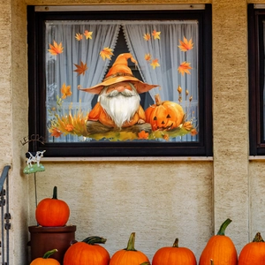 Fall window clings with gnomes, pumpkins and maple leaves for seasonal home glass decoration