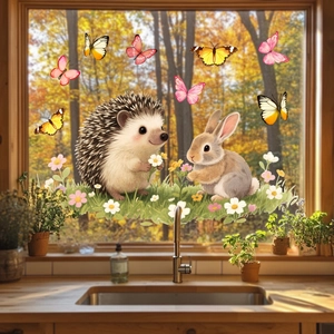 Kitchen window decorated with cartoon hedgehog, rabbit, and butterfly static stickers
