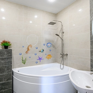 Detailed view of waterproof ocean themed wall stickers featuring seahorses and shells