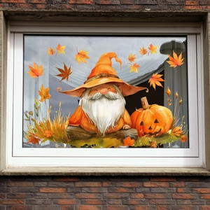 Detail of autumn window stickers featuring a watercolor gnome, pumpkin, and maple leaves