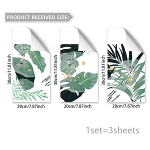 Three-piece set of tropical monstera leaf wall stickers with artistic splash textures