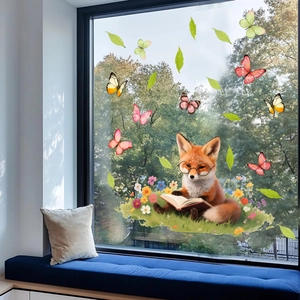 Detailed view of fox reading in flowers window sticker with colorful butterflies