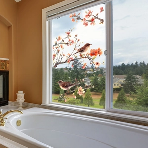 Detailed watercolor window decal featuring birds on cherry blossom branches for glass