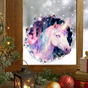 Détail d'un sticker mural licorne 3D créatif avec forêt magique et ciel étoilé