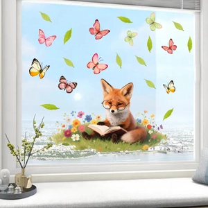 Cartoon fox and butterfly static window cling decals on glass with city background