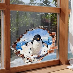 Détail d'autocollant mural 3D montrant un pingouin avec enveloppe effet fenêtre de glace