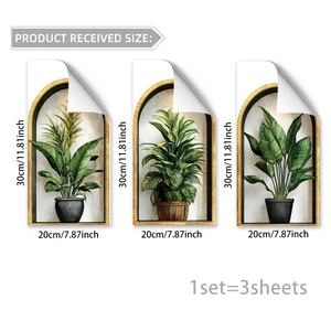 Set of 3 self-adhesive wall stickers with green potted plants in golden arch frames