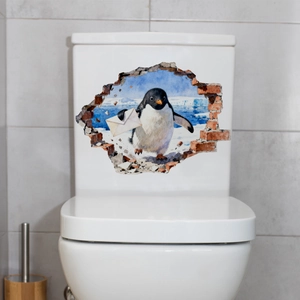 Sticker mural 3D avec un pingouin à l'aquarelle traversant un mur de glace bleue