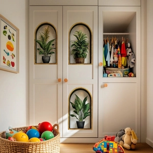 Detailed wall sticker set showing three 3D green potted plants in golden arched frames