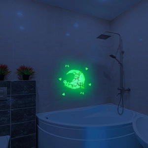 Luminous wall sticker featuring a cute rabbit on a moon with glowing hearts and bows