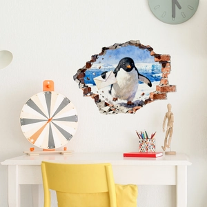 Sticker mural 3D effet mur brisé avec un pingouin mignon tenant une lettre pour enfant