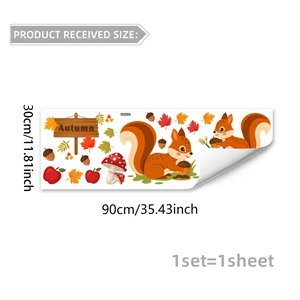 Fall static window stickers featuring squirrels, maple leaves, and Autumn sign on 30cm sheet