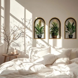 Three-piece arched 3D green plant wall stickers with golden frames for bedroom decor