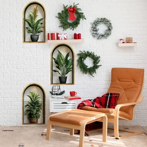 Detailed 3D wall stickers featuring green plants in arched niches on a white brick wall