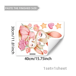 Detailed sheet showing 30x40cm cartoon rabbit wall stickers with tulips and stars