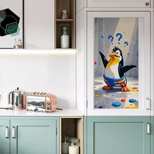 Détail d'un autocollant mural pingouin cartoon sur une porte de placard de cuisine blanche