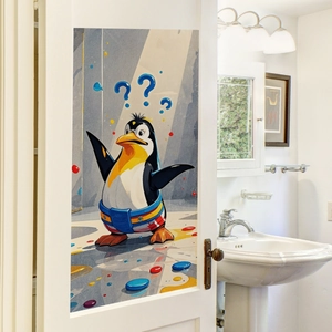 Sticker mural pingouin sur porte de salle de bain, décor créatif en PVC imperméable