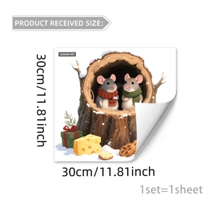 Detail of 30x30cm winter mice static window cling showing a cozy snow scene with gifts