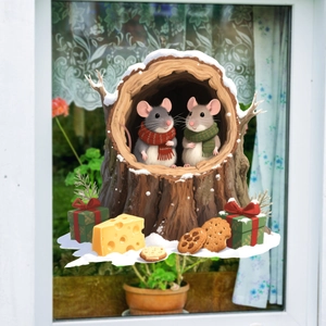 Winter window static stickers showing cute mice in a snow-covered tree hole