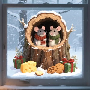 Detail of static window cling featuring cozy cartoon mice in a snowy winter holiday scene