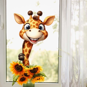 Detail van een giraffe raamsticker met zonnebloemen en een speels 3D doorkijk-effect