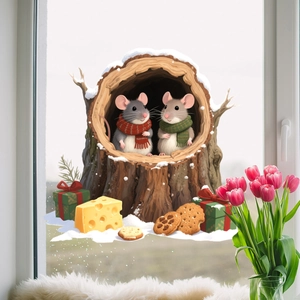 Winter cartoon mice window decal with Christmas gifts on glass for seasonal decor