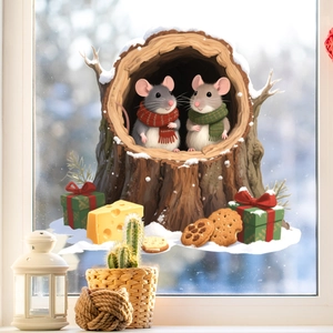 Detailed festive window sticker featuring cute mice in a cozy burrow with winter elements
