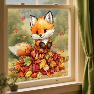 Detail van een schattige vos raamsticker met herfstbladeren op een glazen vensterbank