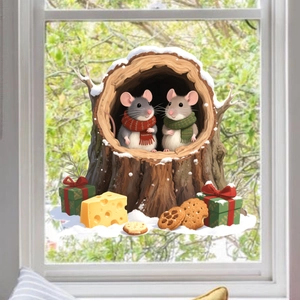 Static cling window decal featuring cute mice in a snowy tree hole with gifts