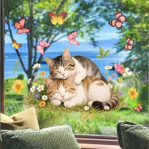 Double-sided cat and butterfly static window cling with vivid floral decorative stickers
