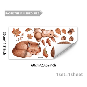 Detail showing autumn forest decals with fox, rabbit, maple leaves, and 30x60cm size info
