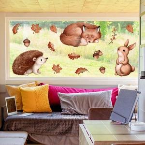 Autumn animal window clings set featuring fox, hedgehog, and rabbit in forest theme