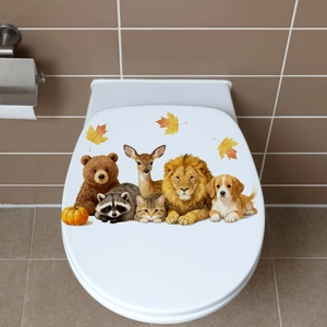 Detailed toilet seat sticker showing forest animals with pumpkin and maple leaves