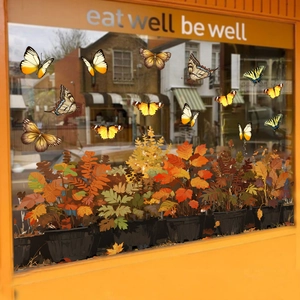 Detail of butterfly and autumn leaf static window clings on a glass storefront window