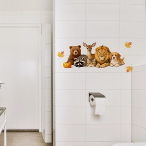 Luminous animal wall decals with bear, deer and fall leaves on white tiles