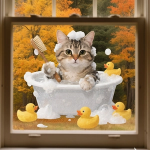 Detail of cute cat bathing window sticker with foam and yellow ducks on glass pane