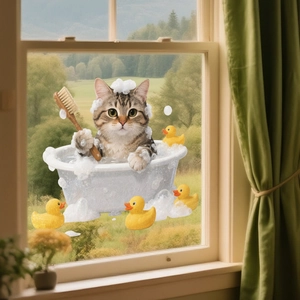 Detail of creative cat bathtub static window cling with cute yellow ducks on glass