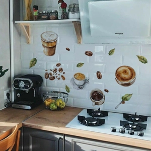 Detail of coffee theme kitchen wall decals with hand-drawn cups and beans on tiles