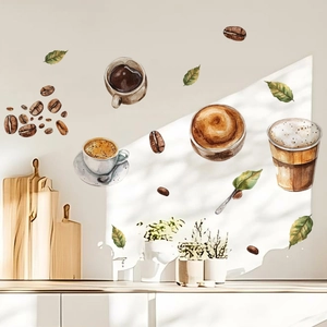 Detail view of coffee-themed wall stickers featuring hand-painted latte art and coffee beans