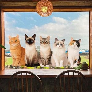 Detailed realistic cat window stickers including five breeds on a clear glass background