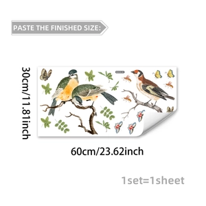 Detail view of bird and leaf wall decals with 60x30cm measurement dimensions