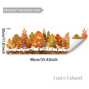 Detail showing 30x90cm autumn forest window sticker dimensions and tree patterns