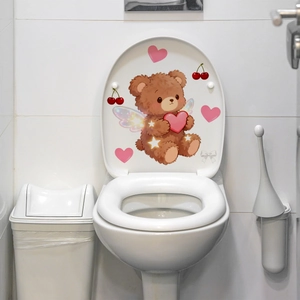 Luminous cartoon bear toilet sticker with heart and wing details for home bathroom decor